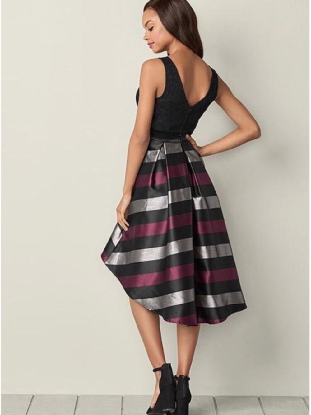 Retro Y2K Glam. VENUS Black Lace Bodice Dress with Burgundy and Silver Stripes.